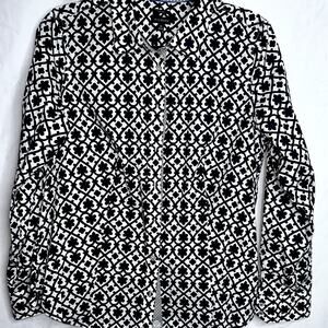 Talbots Womens Size 10 Navy Blue White Pattern Long Sleeve Button Up Blouse NWOT
